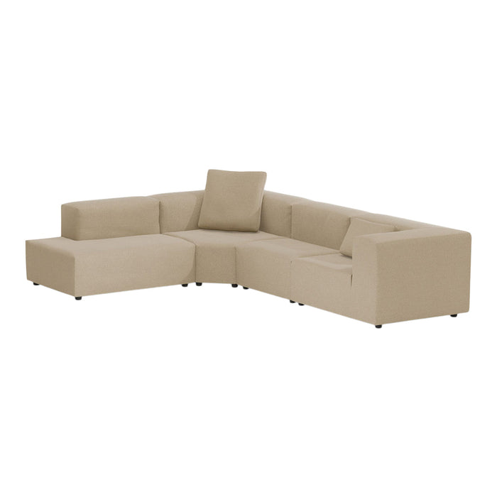 Beige sectional sofa with a textured fabric and minimalist design, featuring clean lines and a casual aesthetic.