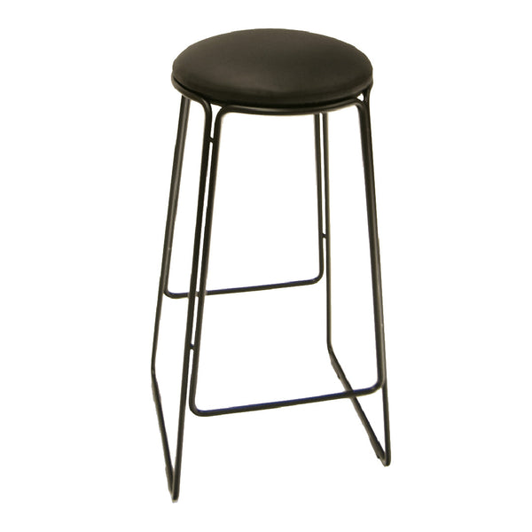 Black padded bar stool with a sleek black metal frame, featuring a minimalist design and smooth, round silhouette.