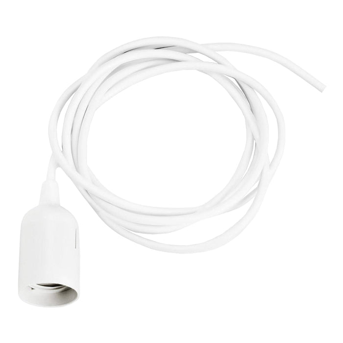 White pendant light socket with a long, sleek white cord, featuring a smooth texture and minimalistic design.