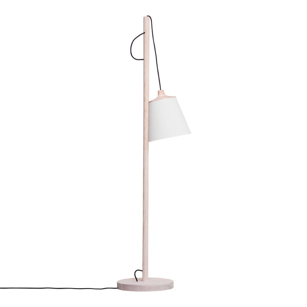 Minimalist wooden floor lamp with a soft white shade and natural wood finish. Perfect for modern decor.