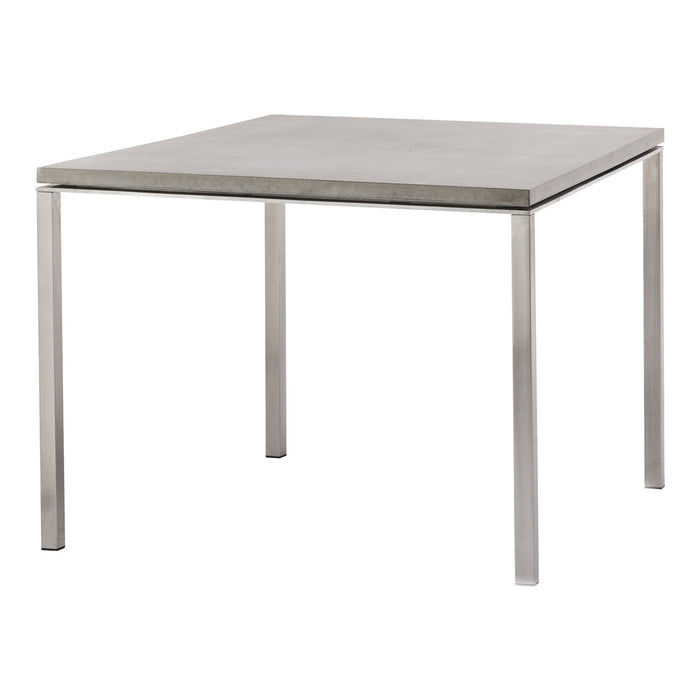 Gray concrete table with sleek silver metal legs, featuring a minimalist square design. Perfect for modern decor.