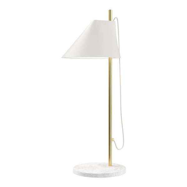 Modern white lampshade with sleek gold stem and round marble base, offering a minimalist aesthetic.