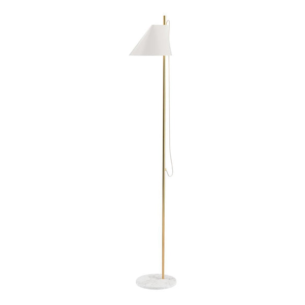 Elegant white lampshade, gold metal stand, and marble base create a modern, minimalist design.