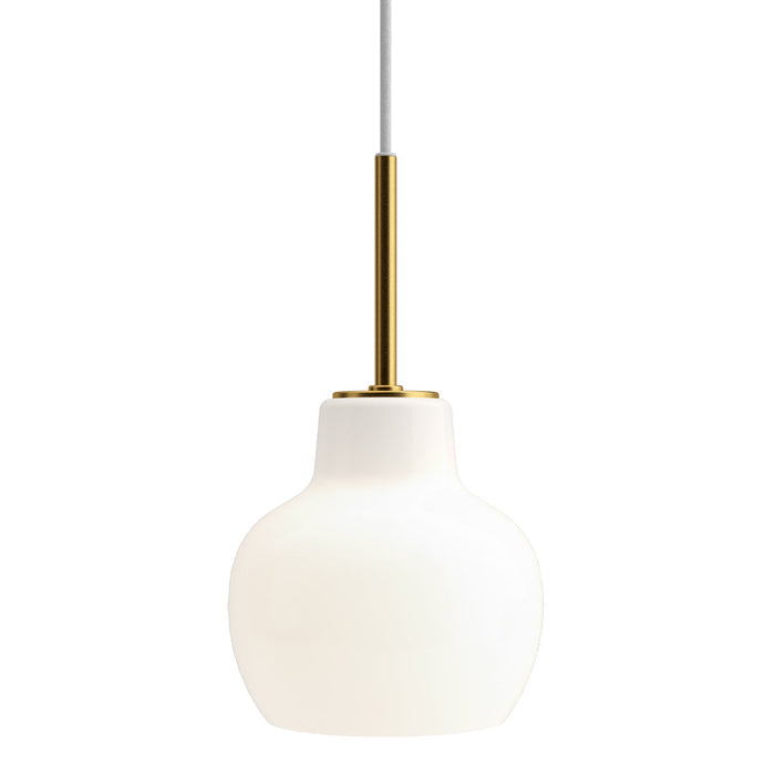 Elegant white glass pendant light with a smooth finish and a stylish gold-tone rod. Perfect for modern decor.