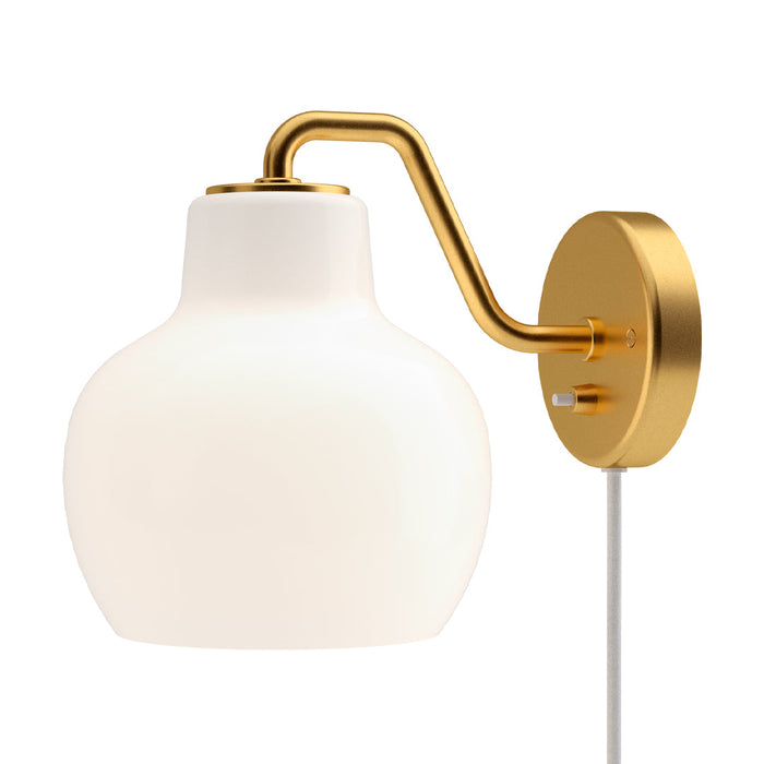 White glass wall lamp with a smooth finish, accented by a sleek gold arm and round wall mount. Elegant and modern design.