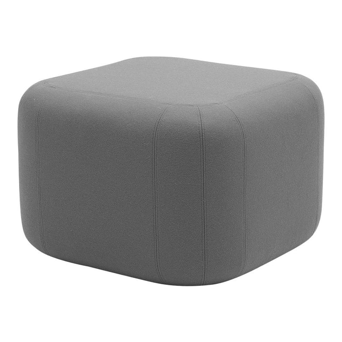 Gray cube ottoman with a smooth, solid fabric surface and minimalist design. Perfect for modern decor.