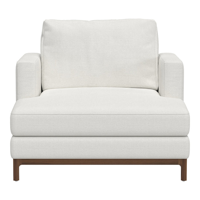 Modern white upholstered armchair with clean lines and a subtle textured pattern, featuring a wooden base.