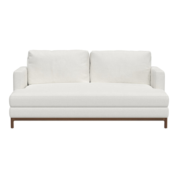 White modern sofa with clean lines and plush cushions, featuring a sleek wood base. Perfect for contemporary decor.