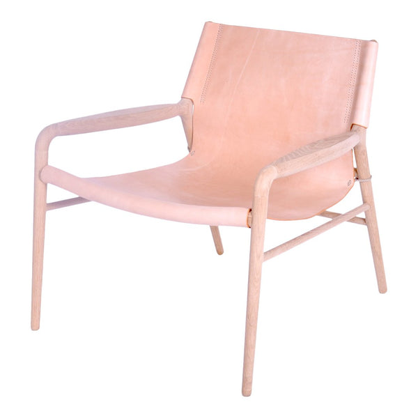 Light beige leather lounge chair with minimalist design and natural wood frame. Smooth, simple lines and modern aesthetic.