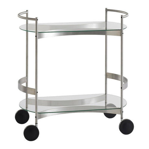 Sleek silver metal cart with clear glass shelves and black wheels, featuring a modern curved design.