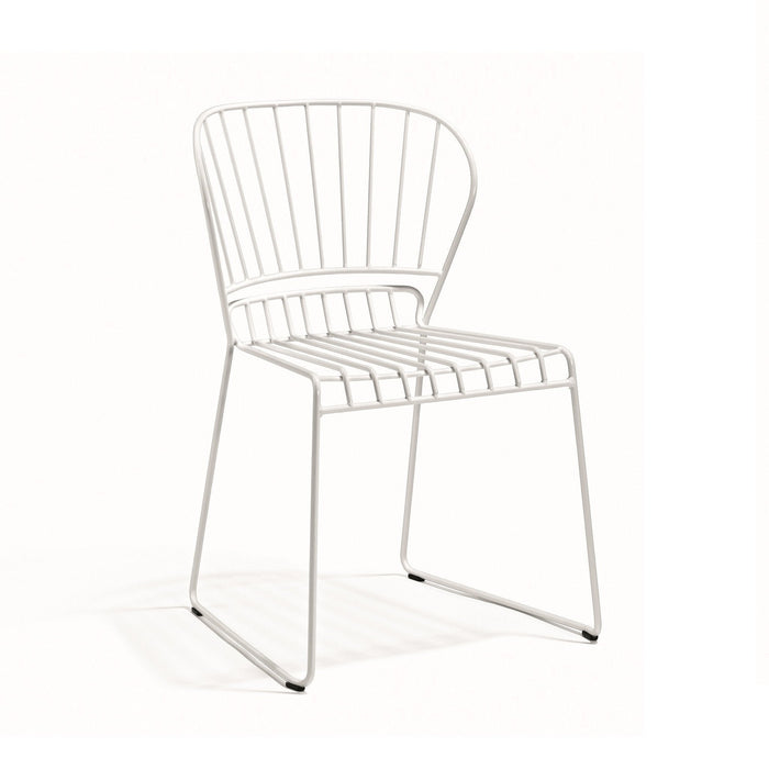 White metal chair with a sleek, minimalist design featuring a striped backrest and smooth legs. Ideal for modern decor.