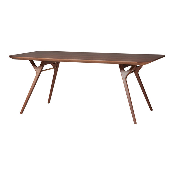 Mid-century modern wooden dining table in rich walnut finish, featuring smooth, clean lines and minimalist design.