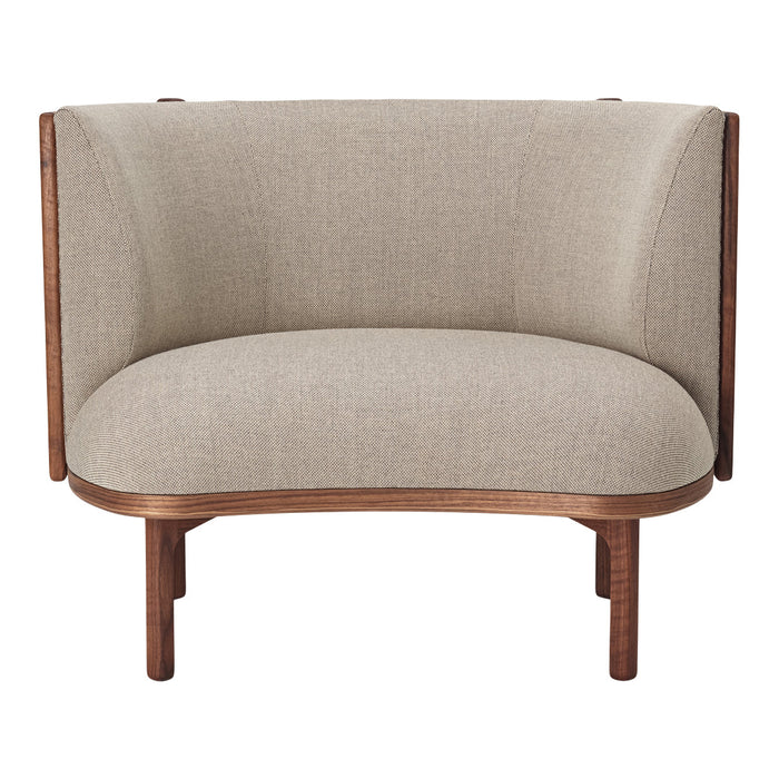Beige fabric upholstered curved loveseat with wooden legs and frame. Textured pattern adds a modern touch.