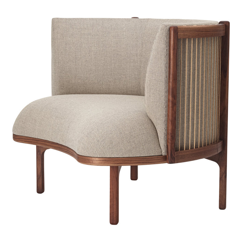 Beige fabric upholstered chair with a natural wood frame and vertical slat pattern on the back.