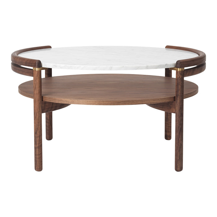 Modern round coffee table with a white marble top and walnut base, featuring smooth wood grain and clean lines.