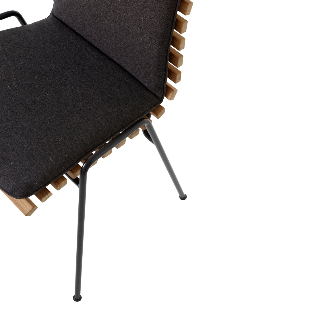 Elegant black fabric seat with a natural wood slatted back and sleek black metal legs, showcasing modern design aesthetics.