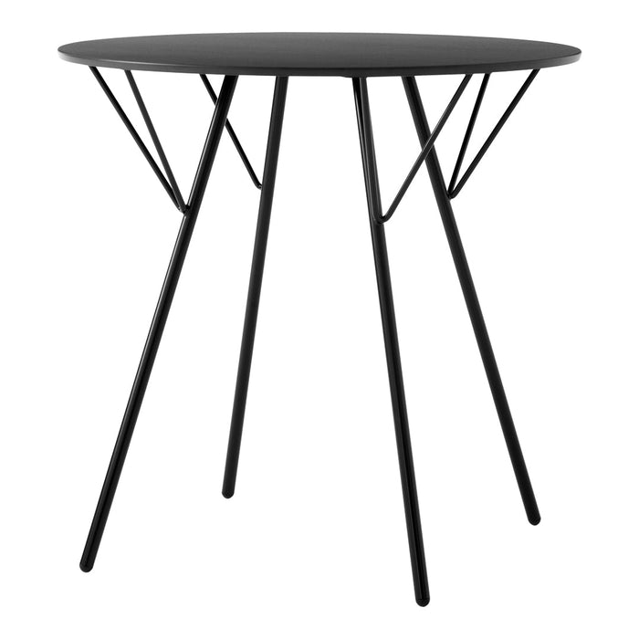 Black round table with sleek metal legs, featuring a minimalist design and modern aesthetic. Perfect for any space.