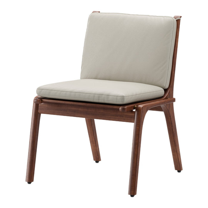 Beige upholstered chair with a sleek, dark walnut frame, featuring a minimalist design and clean lines.
