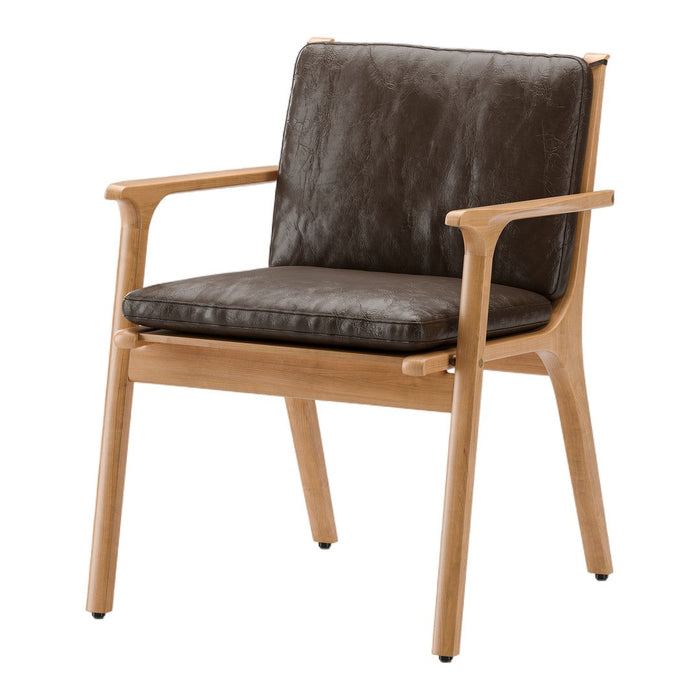 Brown faux leather chair with light wooden frame, featuring a smooth, minimalist design and earthy tones.
