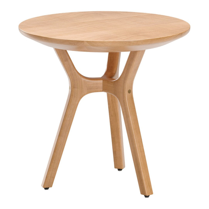 Light natural wood round table with smooth surface and tapered legs, showcasing a clean, modern finish.