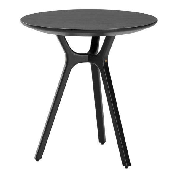 Simple black round table with a smooth finish and sleek, modern legs. Perfect for minimalist decor.