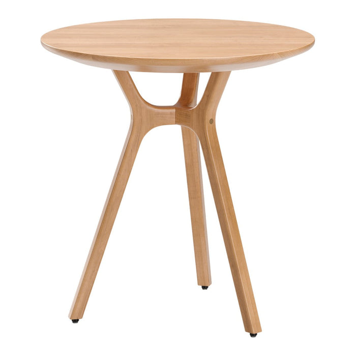 Natural wood finish round table with light beige tones and smooth, minimalist design. Perfect for modern decor.