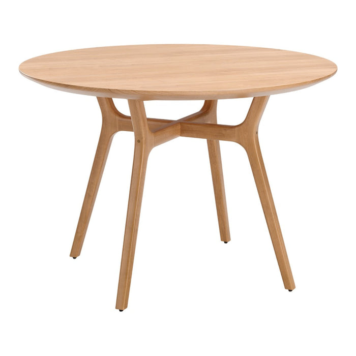 Natural wood round dining table with a light oak finish and smooth, minimalist design. Perfect for modern interiors.