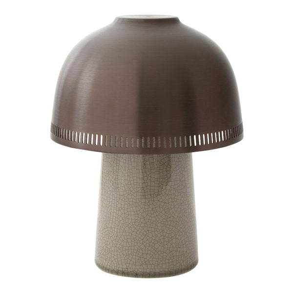 Modern table lamp featuring a sleek brown dome shade and a textured beige base for a stylish contrast.
