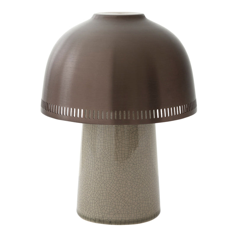 Modern table lamp featuring a sleek brown dome shade and a textured beige base for a stylish contrast.