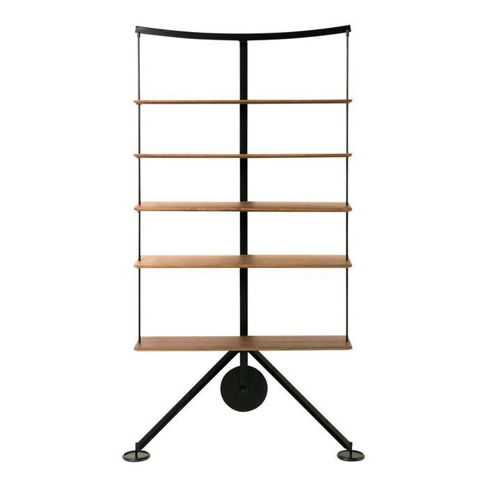 Stylish black and natural wood bookshelf with a modern, minimalistic design and sleek curved lines.