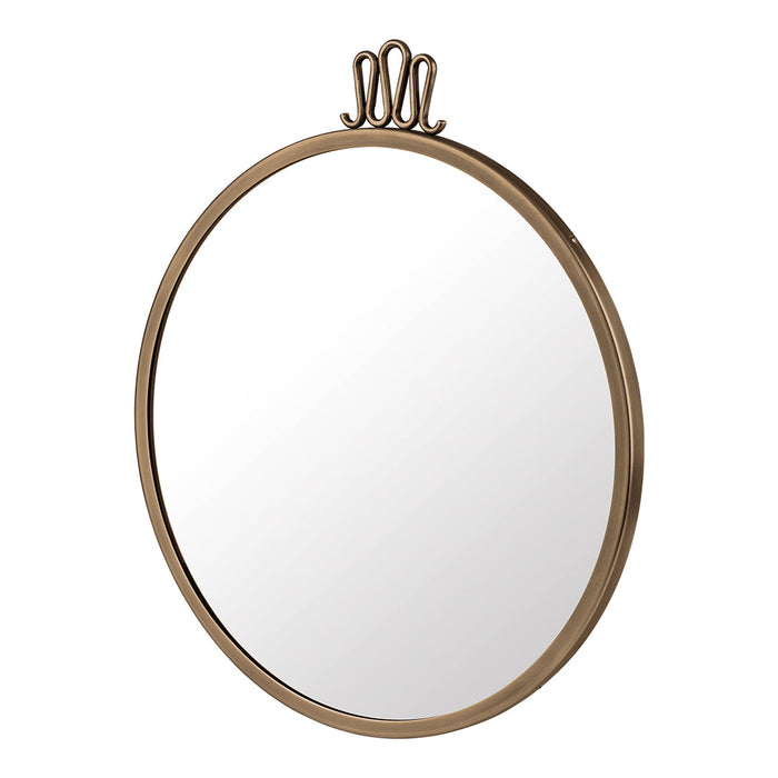 Antique gold oval mirror with a simple, elegant frame and decorative loop top design.