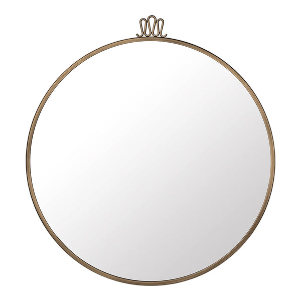 Round mirror with a sleek gold frame and minimalist design, featuring a delicate crown hanger at the top.