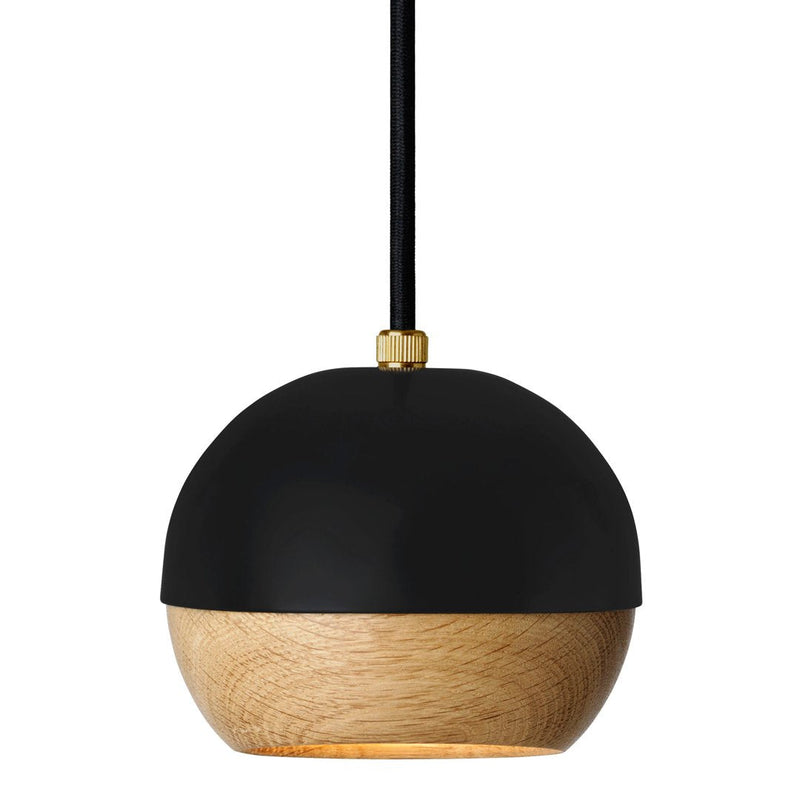 Black and wood pendant lamp with a glossy top and natural wood bottom, creating a modern, minimalist look.