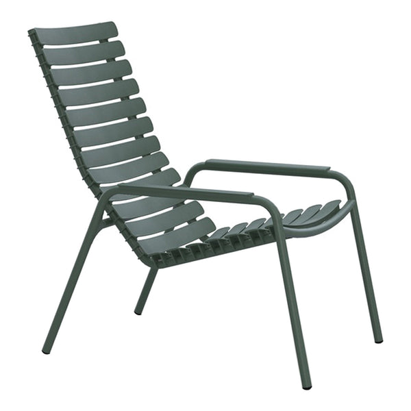 Green slatted lounge chair with a modern design, featuring a minimalist pattern and sturdy metal frame.