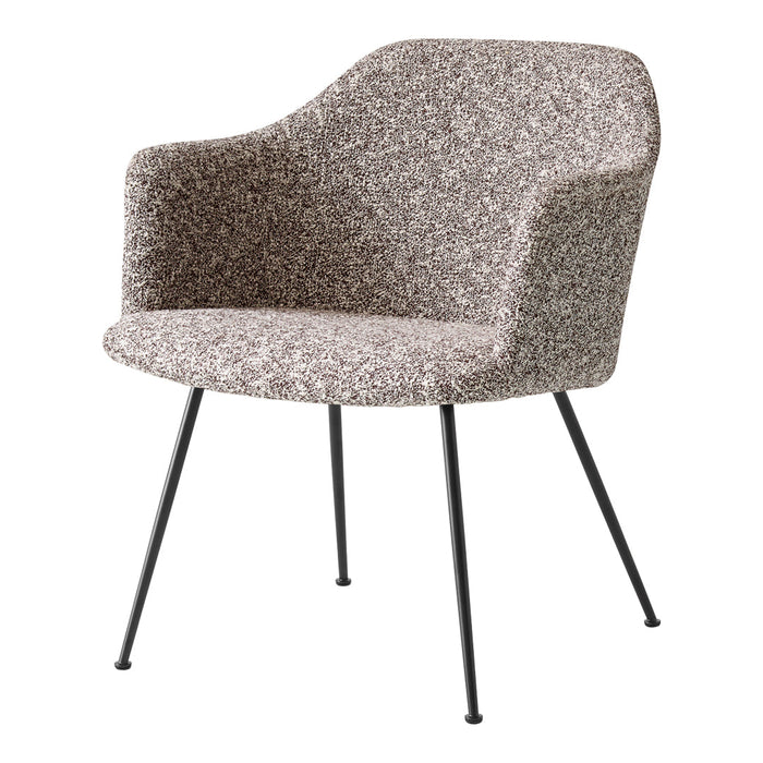 Textured beige and brown patterned chair with black metal legs, perfect for modern home decor.