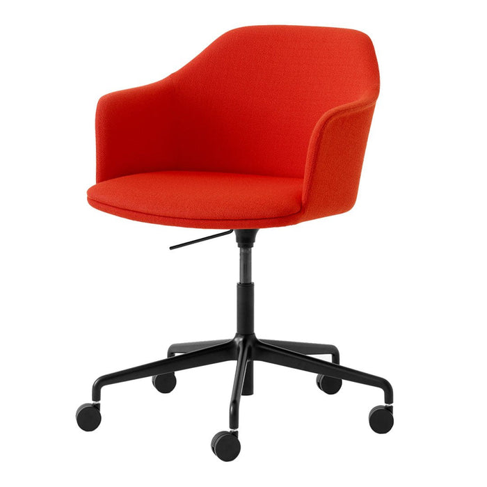 Bright red upholstered office chair with a modern design and black swivel base. Ideal for stylish home or workspace decor.
