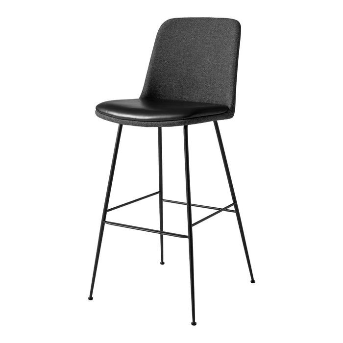 Black upholstered bar stool with a sleek metal frame, featuring a minimalist design and smooth finish.