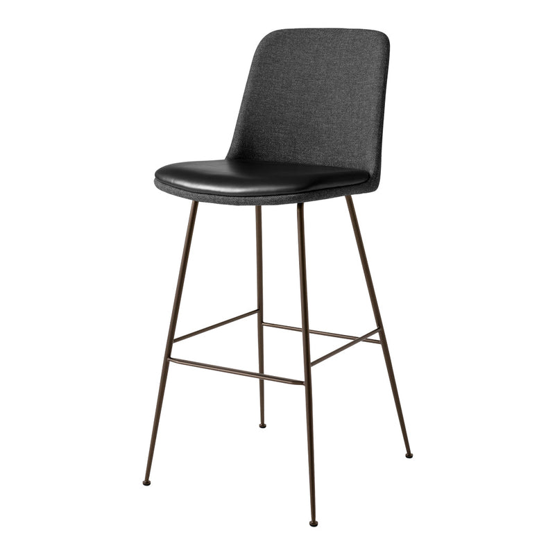 Black upholstered bar stool with a sleek design and bronze metal legs, perfect for modern interiors.