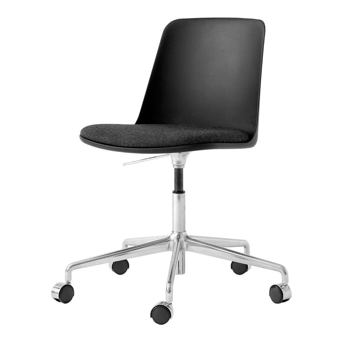 Black ergonomic chair with a sleek plastic back and gray upholstered seat, featuring a polished chrome base and wheels.