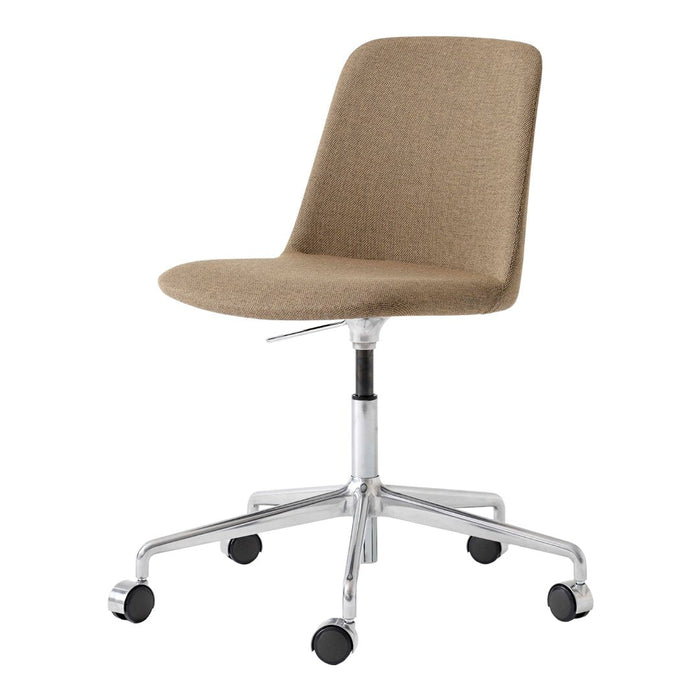 "Modern tan office chair with a sleek upholstered seat and chrome base, perfect for stylish workspaces."