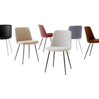 Various modern chairs in black, beige, pink, lilac, and brown with sleek black legs. Stylish color and pattern options.