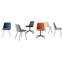 Colorful chair collection featuring blue, gray, black, orange, and pastel patterns with various leg styles.