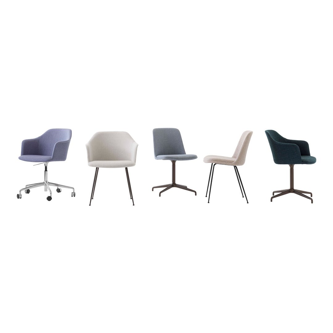 Collection of modern chairs featuring pastel purple, soft gray, muted beige, and deep teal upholstery patterns.