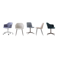 Collection of modern chairs featuring pastel purple, soft gray, muted beige, and deep teal upholstery patterns.