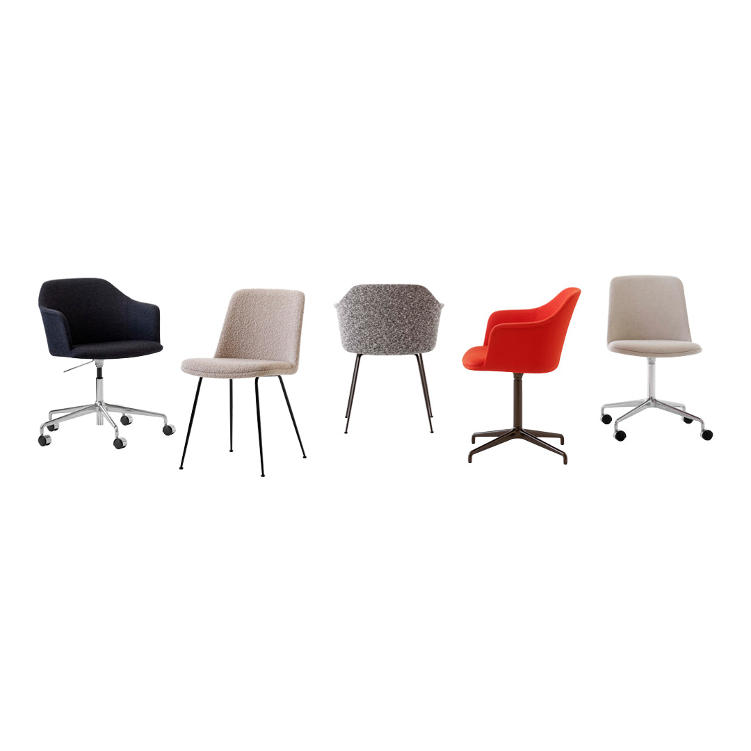 Five stylish chairs in navy, beige, gray, white, and vibrant red, showcasing diverse textures and modern designs.
