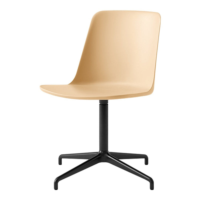 Beige molded chair with a sleek design and a black swivel base, perfect for modern spaces.