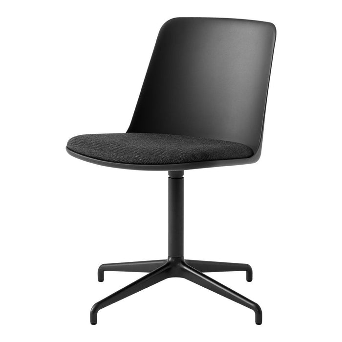 Black modern chair with a sleek plastic backrest and textured black fabric seat, featuring a minimalist design.