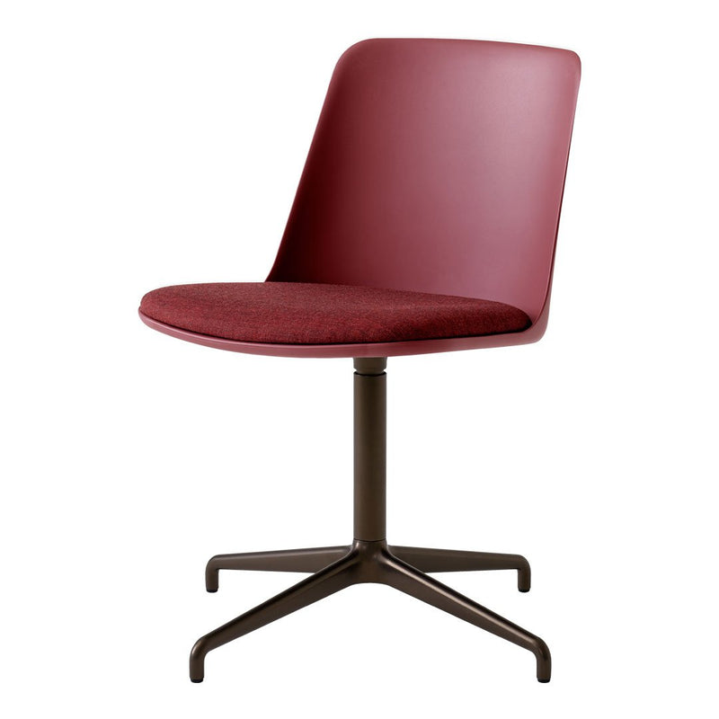 Modern swivel chair in burgundy with a sleek, minimal design and a textured seat fabric on a matte brown base.