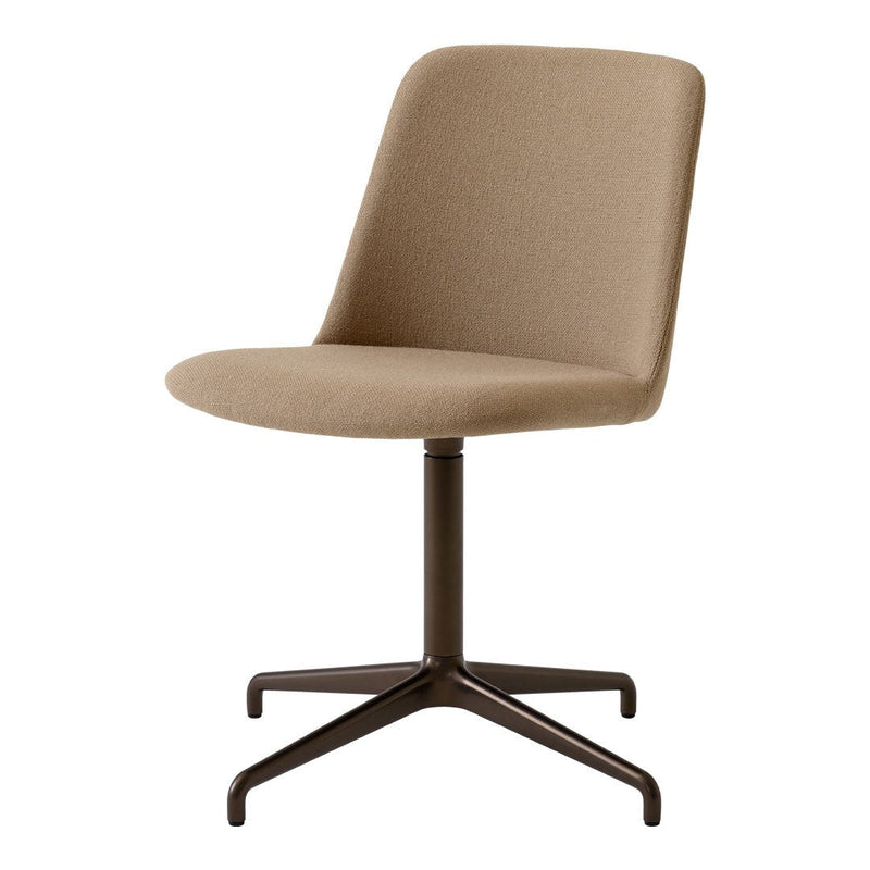 Sleek brown fabric chair with a minimalist design and a smooth finish on a black metal base. Perfect for modern spaces.
