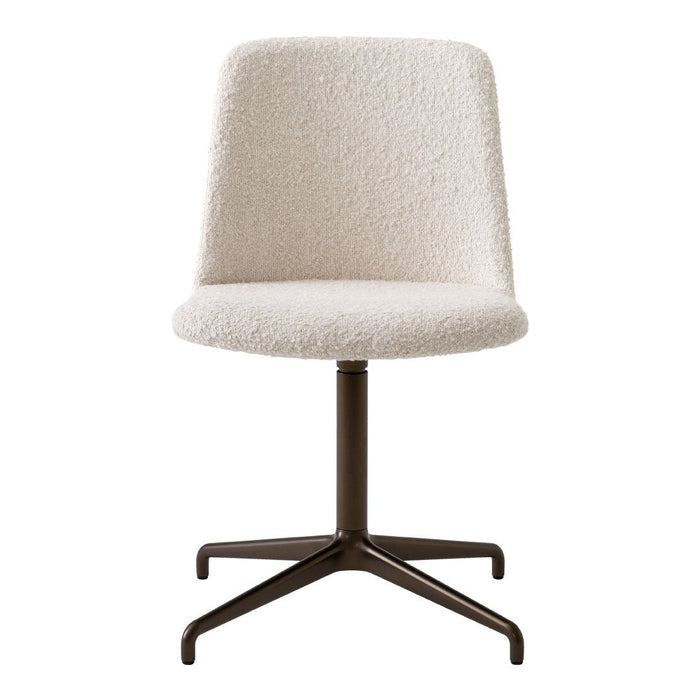 Cream-colored swivel chair with a textured, fluffy fabric and a sleek black metal base. Perfect for modern decor.